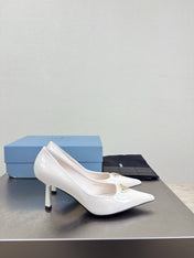 PRADA 26S POINTED TOE PUMPS 75MM IN WHITE PATENT CALFSKIN