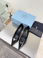 PRADA 26S POINTED TOE PUMPS 75MM IN BLACK PATENT CALFSKIN