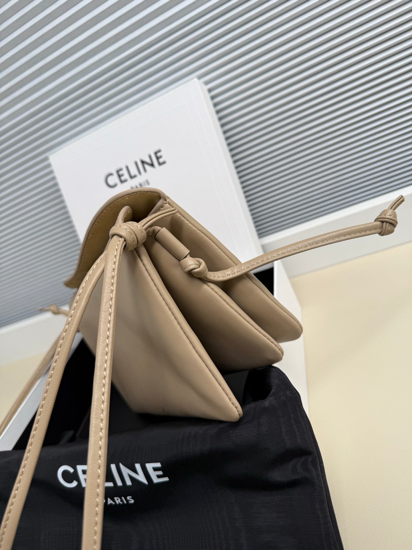 CELINE 25S TRIO FLAP 22MM IN DARK BEIGE SMOOTH LAMBSKIN GOLD HARDWARE