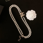 CHANEL 26S DOUBLE C LOGO PEARL LAYERED NECKLACE WITH CRYSTAL CC DETAIL IN GOLD METAL 631831
