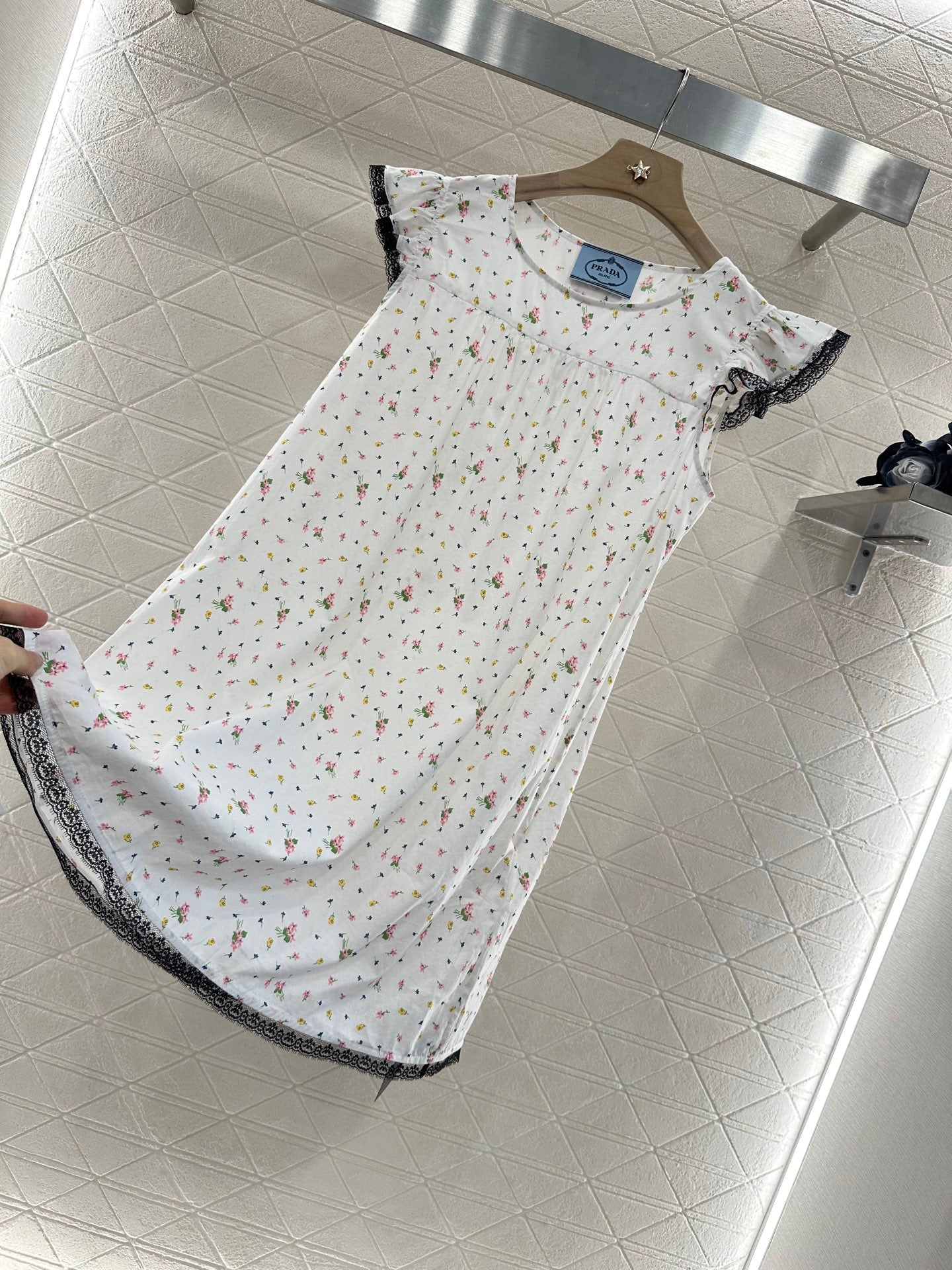 PRADA COTTON DRESS WITH LACE MIXED SLEEVES