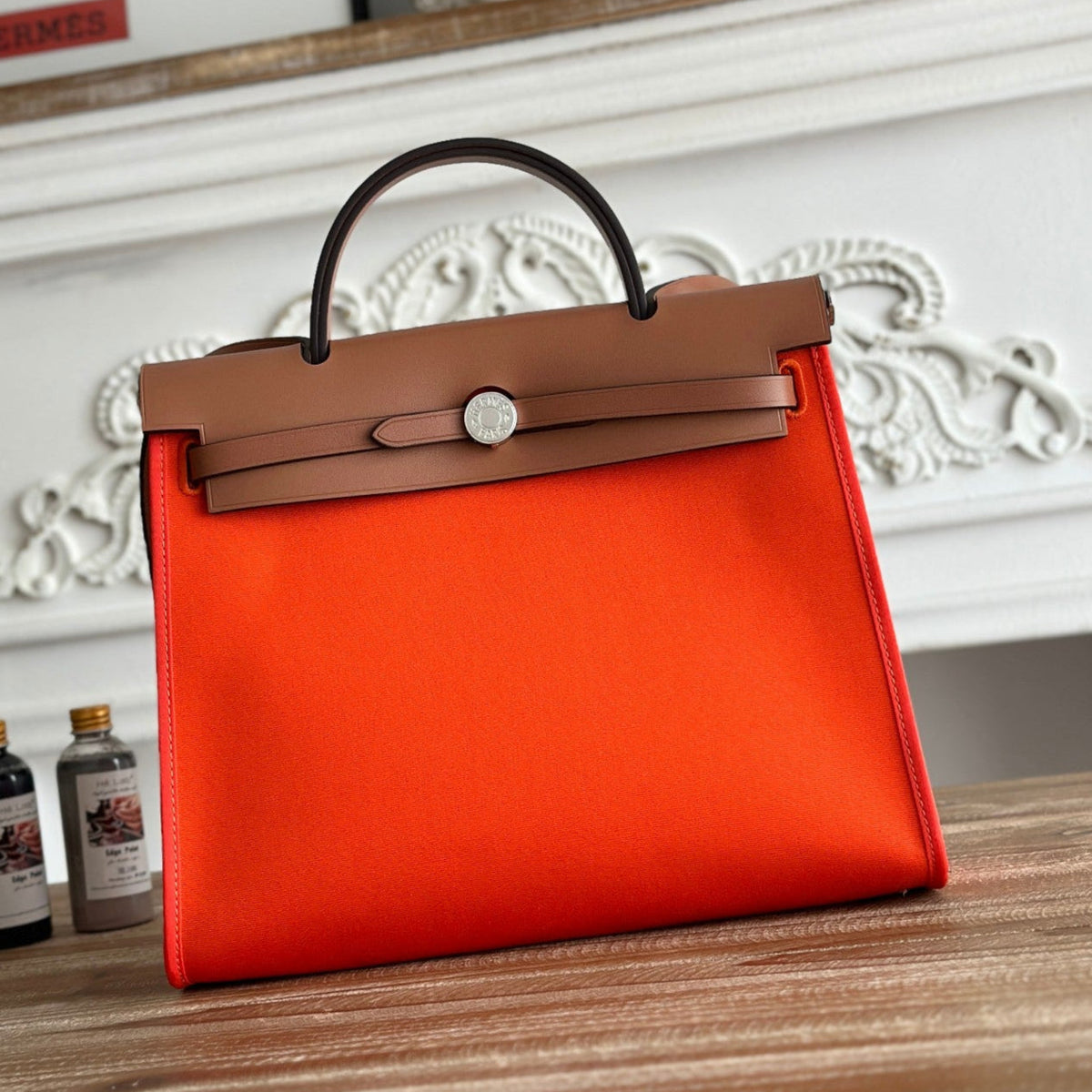 ZIP CABINE 31 BAG IN FIRE ORANGE CANVAS AND BRONZE BROWN CALFSKIN
