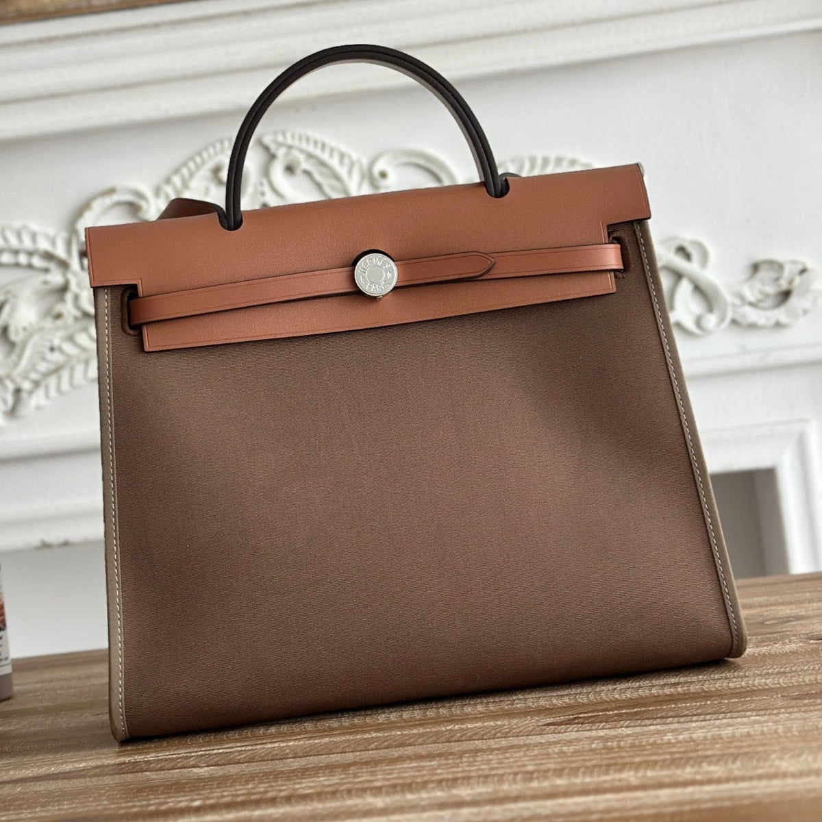 ZIP CABINE 31 BAG IN CHOCOLATE BROWN CANVAS AND BRONZE BROWN CALFSKIN