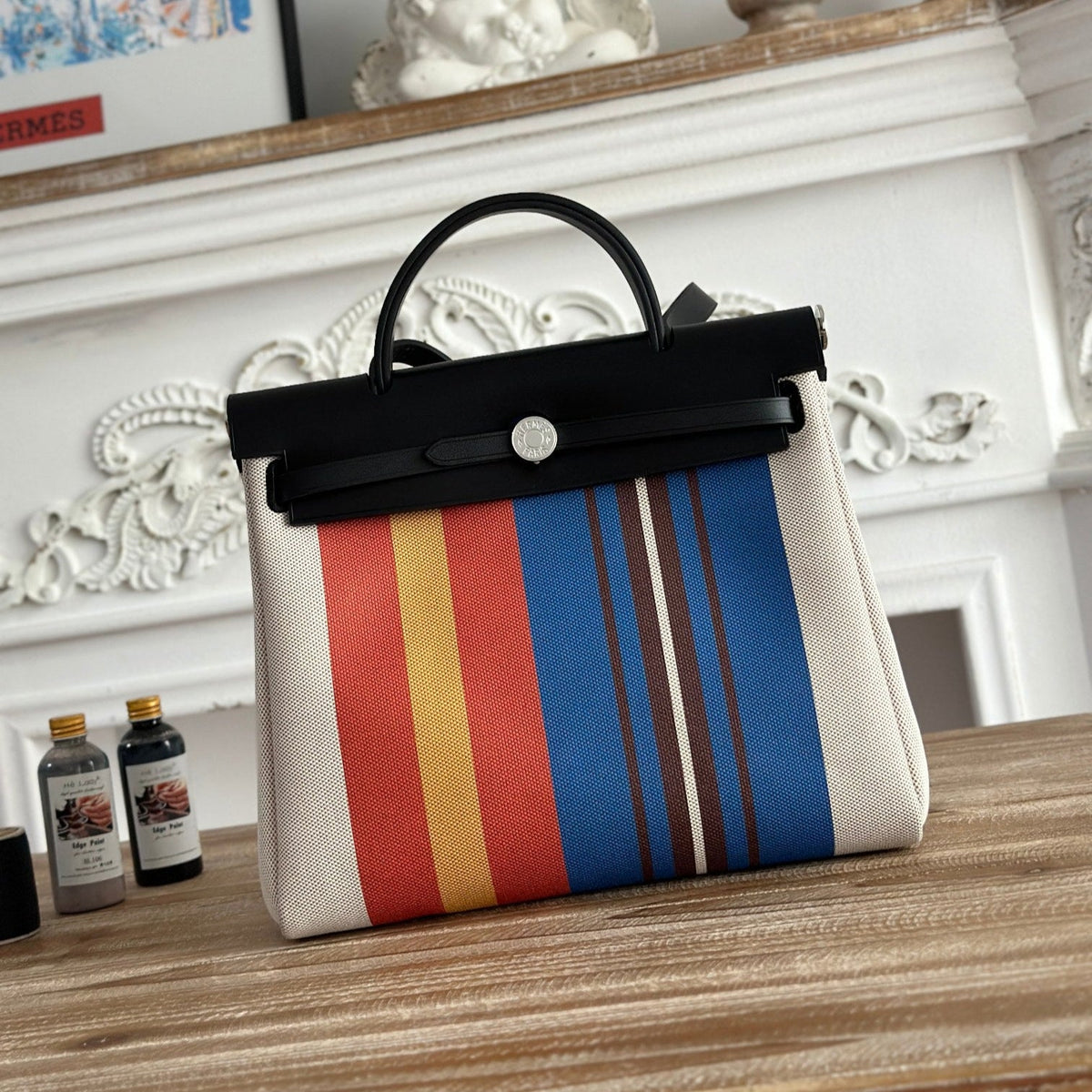 HERBAG ZIP 31 LAQUERED BAG IN BLUE MIX RED H PLUME CANVAS