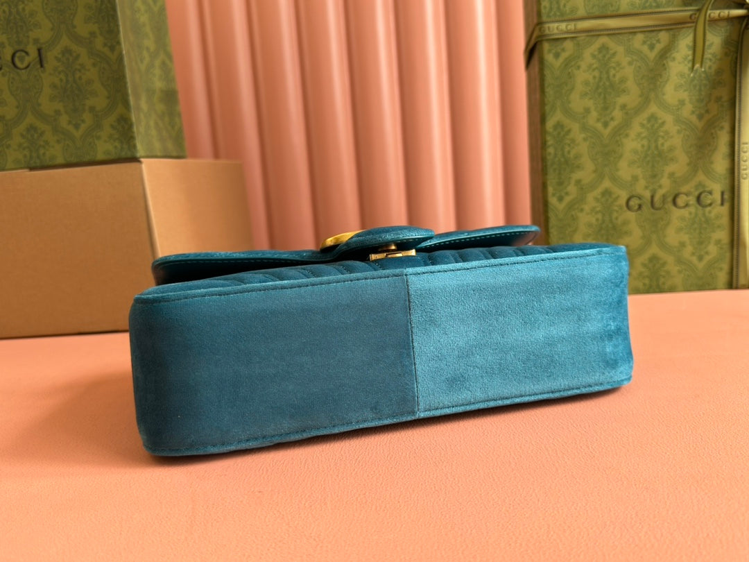 GUCCI 25S GG MARMONT 26 CM IN DEEP TEAL BLUE VELVET WITH GOLD HARDWARE