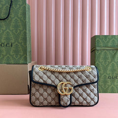 MARMONT MEDIUM SHOULDER BAG 26 IN BEIGE AND BROWN GG CANVAS BLACK CALFSKIN GOLD HARDWARE