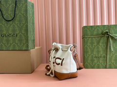 SMALL DRAWSTRING SHOULDER BAG 21 IN WHITE CANVAS BROWN CALFSKIN