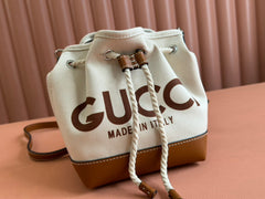 SMALL DRAWSTRING SHOULDER BAG 21 IN WHITE CANVAS BROWN CALFSKIN