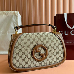 BLONDIE LARGE TOP HANDLE BAG 32 IN BEIGE AND DARK BROWN CANVAS BROWN CALFSKIN