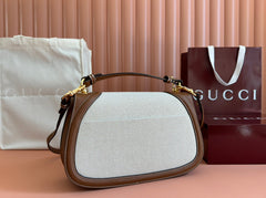 BLONDIE LARGE TOP HANDLE BAG 32 IN NATURAL COTTON LINEN CANVAS BROWN CALFSKIN