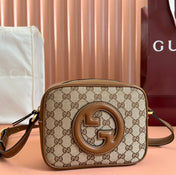 BLONDIE SMALL SHOULDER BAG 21 IN BEIGE AND DARK BROWN CANVAS BROWN CALFSKIN