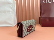 HORSEBIT 1955 WALLET ON CHAIN 19 IN BEIGE DARK BROWN NEW GG AND ROSSO ANCORA RED CALFSKIN
