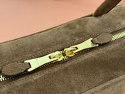BEAU TOP HANDLE BAG 34 IN COFFEE BROWN SUEDE EMBOSSED LOGO