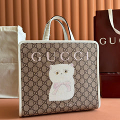CHILDREN'S PRINTED BIG CAT TOTE BAG 28.5 IN BEIGE AND DARK BROWN GG CANVAS WHITE TRIM
