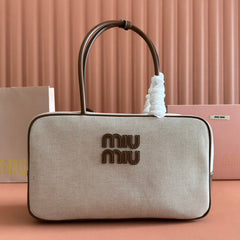MIUMIU 25S BEAU CANVAS BAG 34 IN BEIGE CANVAS AND BROWN CALFSKIN