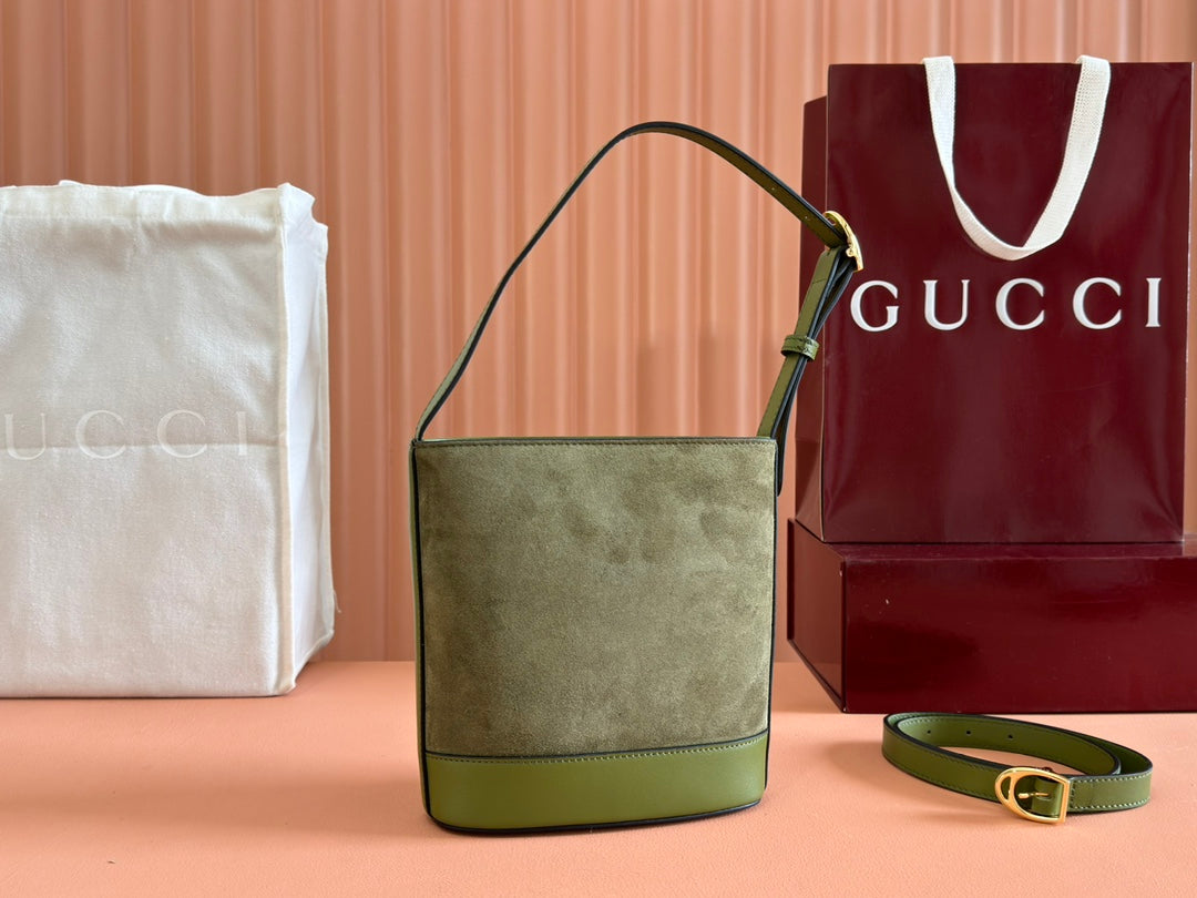 73 SMALL BUCKET BAG 20 IN GREEN SOFT SUEDE AND CALFSKIN