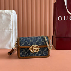 GO SMALL SHOULDER BAG 21.5 IN BLUE DENIM BROWN CALFSKIN