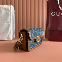 GO SMALL SHOULDER BAG 21.5 IN BLUE DENIM BROWN CALFSKIN