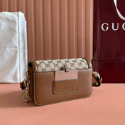 GO SMALL SHOULDER BAG 21.5 IN BEIGE CANVAS BROWN CALFSKIN