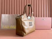 MIUHOBO TOTE 28 IN BROWN CALFSKIN FABRIC LINING GOLD LOCK