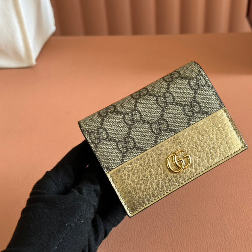 MARMONT BI-COLOUR CARD CASE WALLET 11 IN BEIGE EBONY GG CANVAS GOLD GLOSSY CALFSKIN