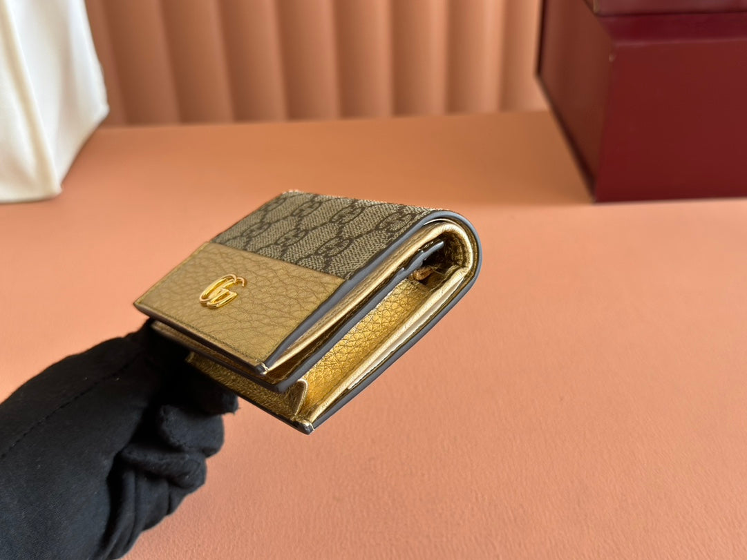 MARMONT BI-COLOUR CARD CASE WALLET 11 IN BEIGE EBONY GG CANVAS GOLD GLOSSY CALFSKIN