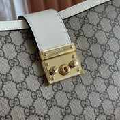GUCCI 26S PADLOCK TOP HANDLE BAG 31 IN DARK BEIGE AND WHITE CALFSKIN