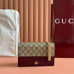 GG MARMONT WALLET ON CHAIN 20 DARK RED AND BEIGE IN CALFSKIN
