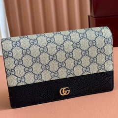 GG MARMONT WALLET ON CHAIN 20 BLUE PVC AND BEIGE IN CALFSKIN