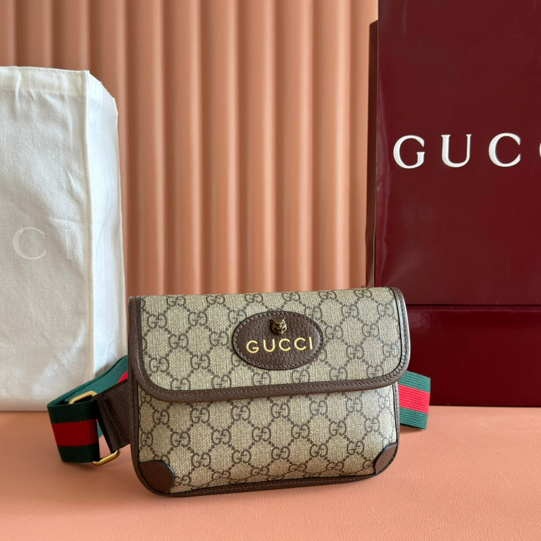 GUCCI NEO VINTAGE TIGER HEAD CROSSBODY BAG 20 IN CANVAS BROWN LEATHER TRIM