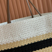 TOTE BAG 40 IN STRIPED PATTERN OF WHITE BEIGE AND BLACK WOVEN RAFFIA