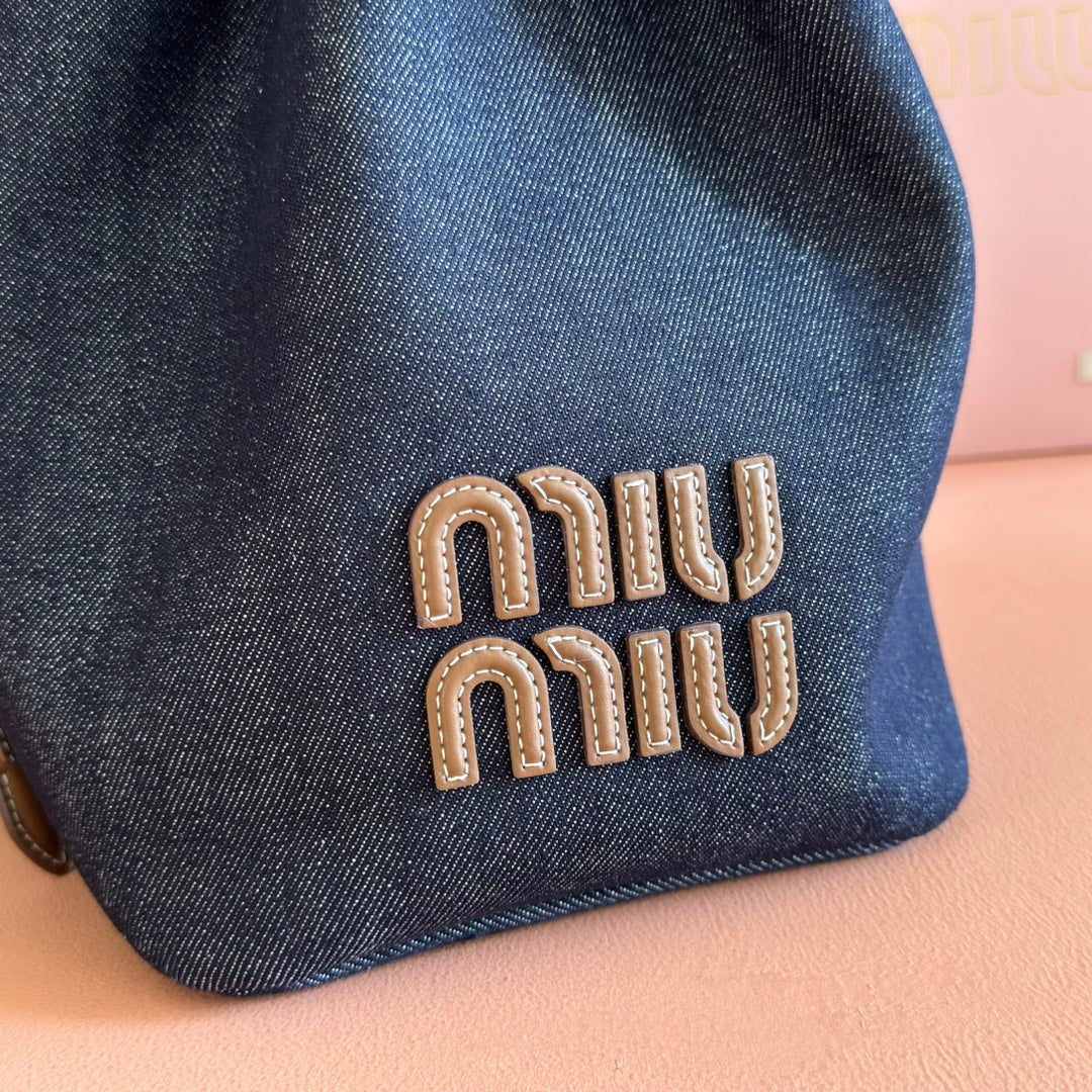 BUCKET BAG 29 DENIM BLUE AND BRANDY IN CANVAS