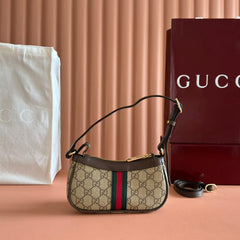 GUCCI 25S OPHIDIA SMALL SHOULDER BAG 19 IN BEIGE CANVAS AND BROWN CALFSKIN