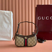 GUCCI 25S OPHIDIA SMALL SHOULDER BAG 19 IN BEIGE CANVAS AND BROWN CALFSKIN