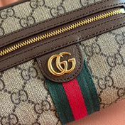 GUCCI 25S DESIGNER HANDBAG 18 IN BEIGE CANVAS AND BROWN CALFSKIN