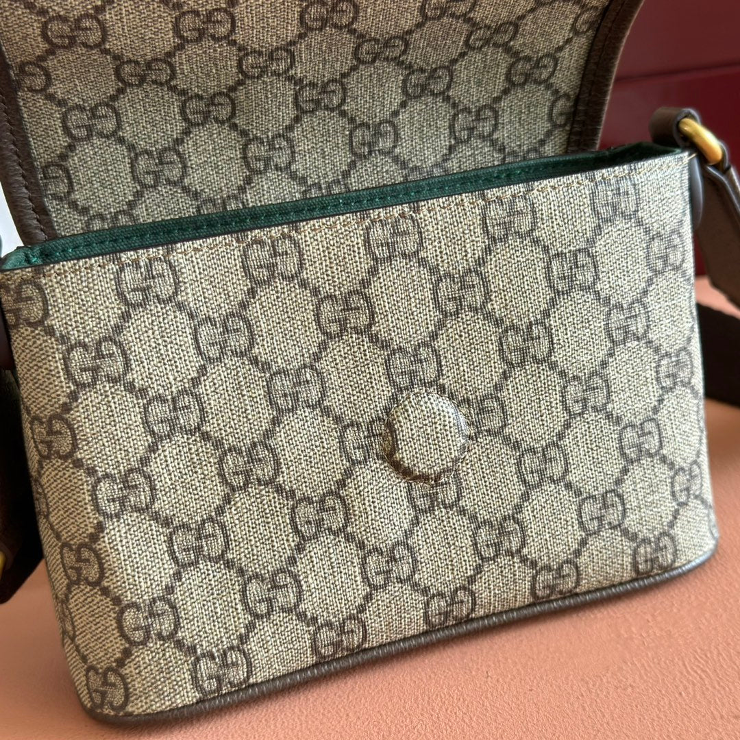 GUCCI 25S OPHIDIA BAG 18 IN BEIGE CANVAS AND BROWN CALFSKIN GOLD HARDWARE