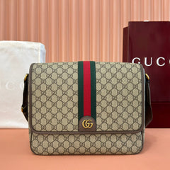 GUCCI 25S OPHIDIA LARGE CROSSBODY BAG 33 IN BEIGE CANVAS AND BROWN CALFSKIN