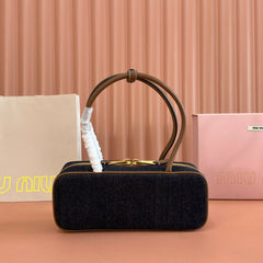 MIUMIU 25S BEAU DENIM BAG 28 IN DARK BLUE DENIM AND BROWN CALFSKIN