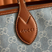 GUCCI 25S TOTISSIMA LARGE TOTE 22 CM IN BLUE DENIM AND BROWN CALFSKIN