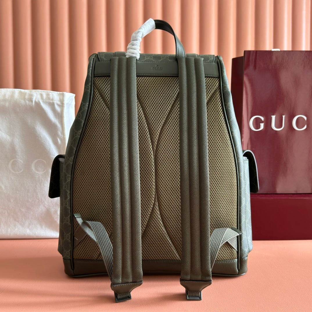 GUCCI 25S BACKPACK 46 CM IN MOSS GREEN CALFSKIN WITH SILVER HARDWARE