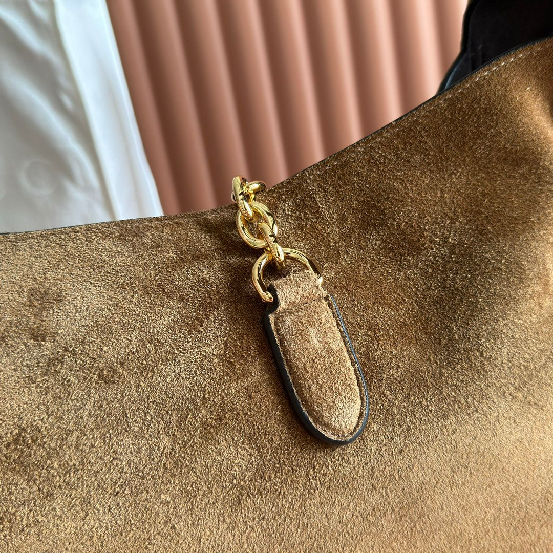 GUCCI 25S HANDBAG 46 CM IN DARK WOOD BROWN SUEDE WITH GOLD HARDWARE