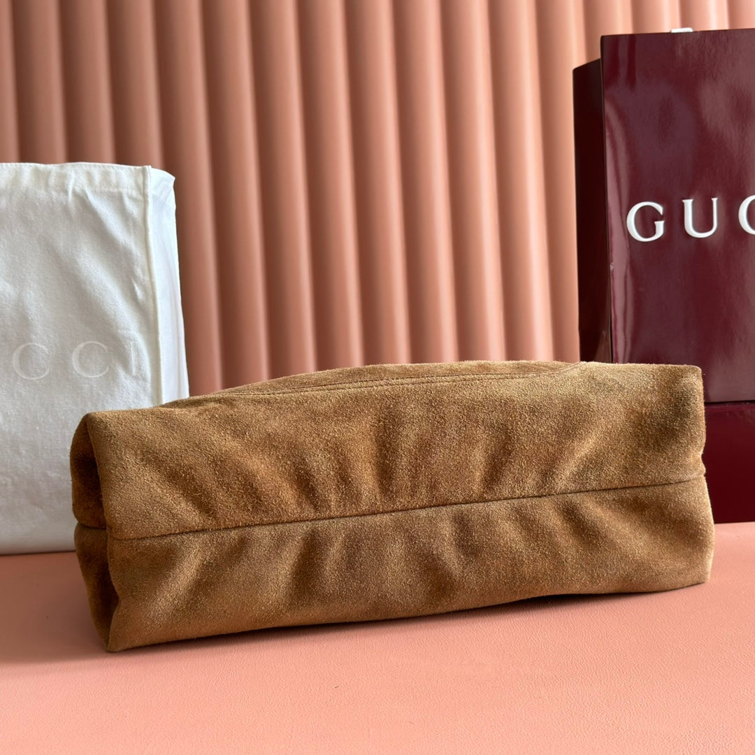 GUCCI 25S HANDBAG 46 CM IN DARK WOOD BROWN SUEDE WITH GOLD HARDWARE