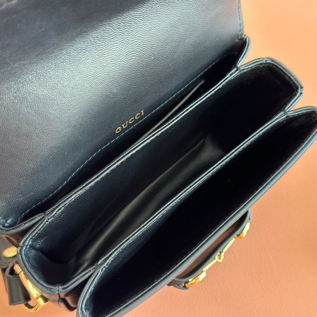 GUCCI 25S HORSEBIT 1955 MINI BAG 20 CM IN BLACK CALFSKIN WITH GOLD HARDWARE