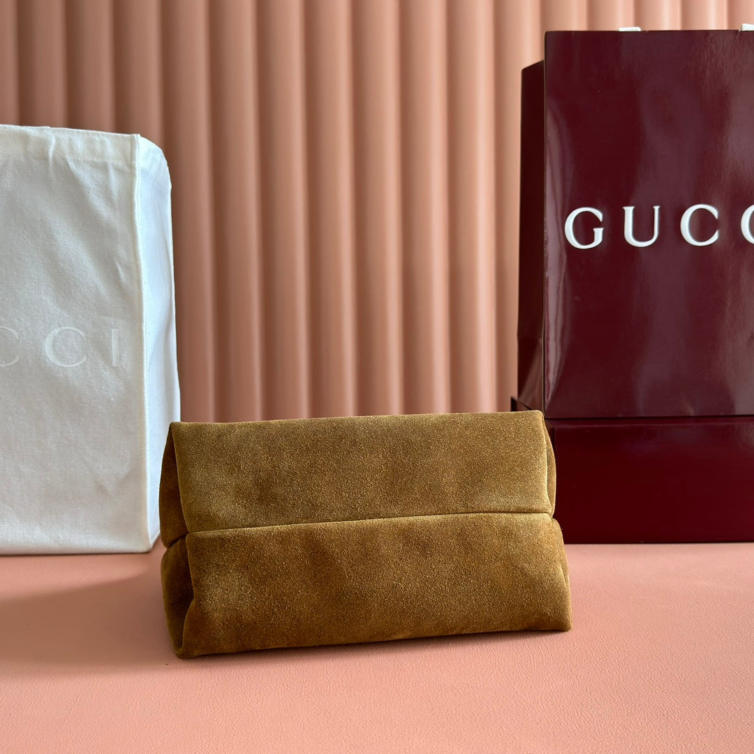 GUCCI 25S HANDBAG 28 CM IN DARK WOOD BROWN SUEDE WITH GOLD HARDWARE