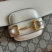 GUCCI 25S HORSEBIT 1955 MEDIUM SHOULDER BAG 22 CM IN BEIGE CANVAS AND CREAM WHITE CALFSKIN WITH GOLD HARDWARE
