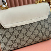 GUCCI 25S HORSEBIT 1955 MEDIUM SHOULDER BAG 22 CM IN BEIGE CANVAS AND CREAM WHITE CALFSKIN WITH GOLD HARDWARE