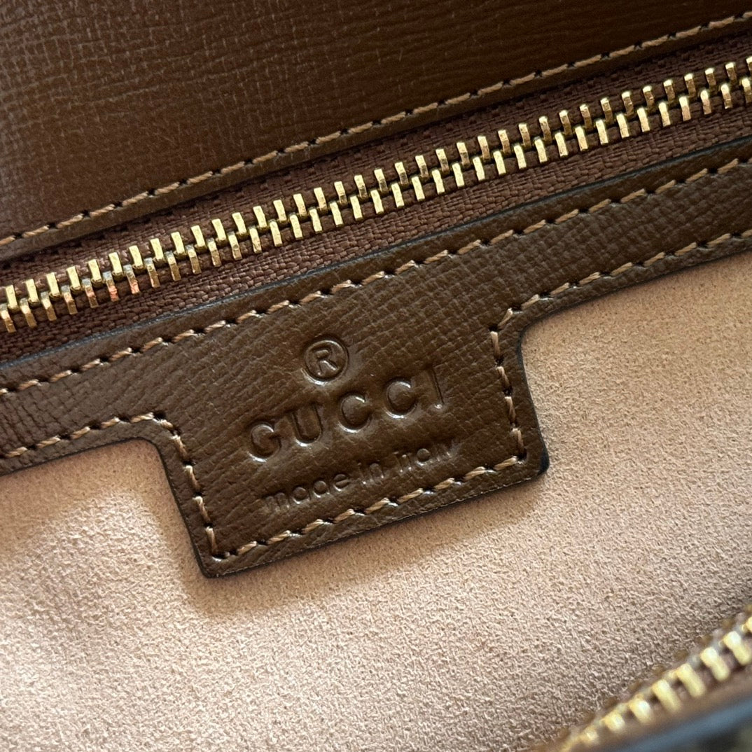 GUCCI 25S HORSEBIT 1955 MEDIUM SHOULDER BAG 29 CM IN DARK BEIGE CANVAS AND BROWN CALFSKIN WITH GOLD HARDWARE