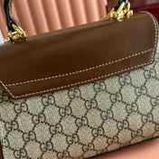 GUCCI 25S HORSEBIT 1955 MEDIUM SHOULDER BAG 22 CM IN DARK BEIGE CANVAS AND BROWN CALFSKIN WITH GOLD HARDWARE