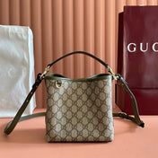 GUCCI 26S HAND BAG 19 IN DARK BEIGE AND MOSS GREEN CANVAS