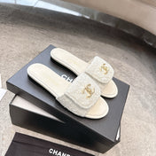 PLATFORM SLIPPERS LOGO IN WHITE TWEED AND LAMBSKIN